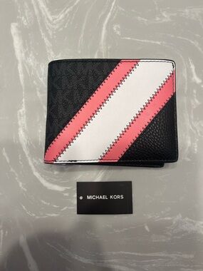 Michael Kors Black Wallet with Pink and White Diagonal Stripes